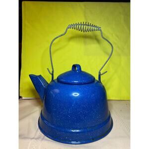VTG Blue Speckled Graniteware Campware Kettle Tea Pot with lid  8 inch tall VGUC